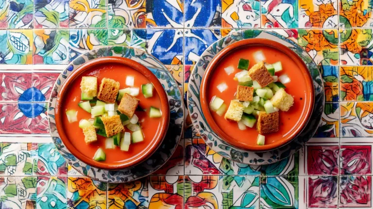 Gazpacho García Millán avec concombre et croûtons.